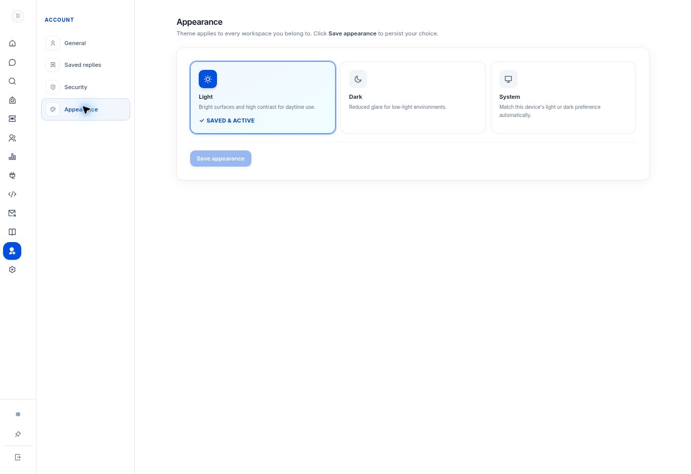 Choose light, dark, or system appearance — controls in the SentroDesk platform