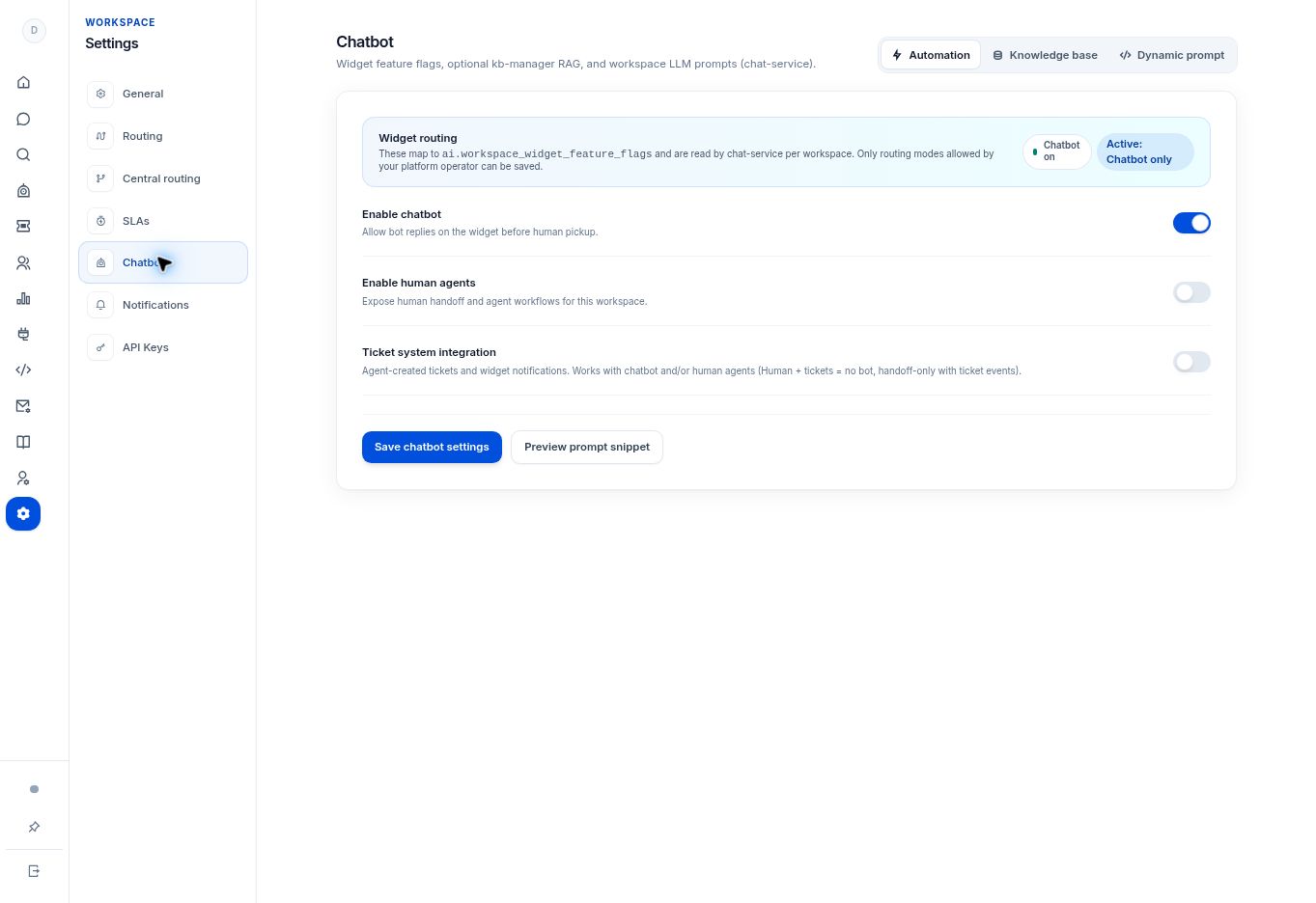 Choose chatbot, human-agent, and ticket modes — controls in the SentroDesk platform