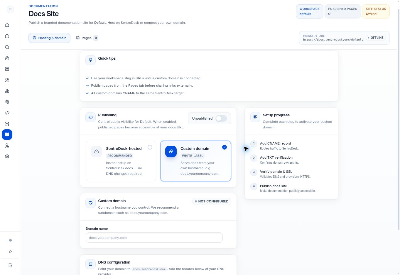 Connect a domain to the built-in Docs Site — controls in the SentroDesk platform