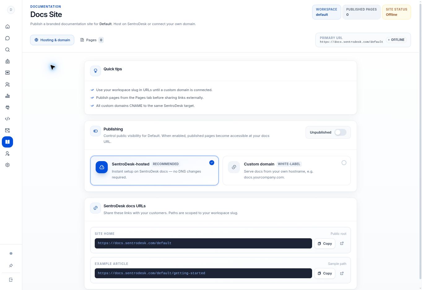 Choose hosting for the built-in Docs Site — controls in the SentroDesk platform
