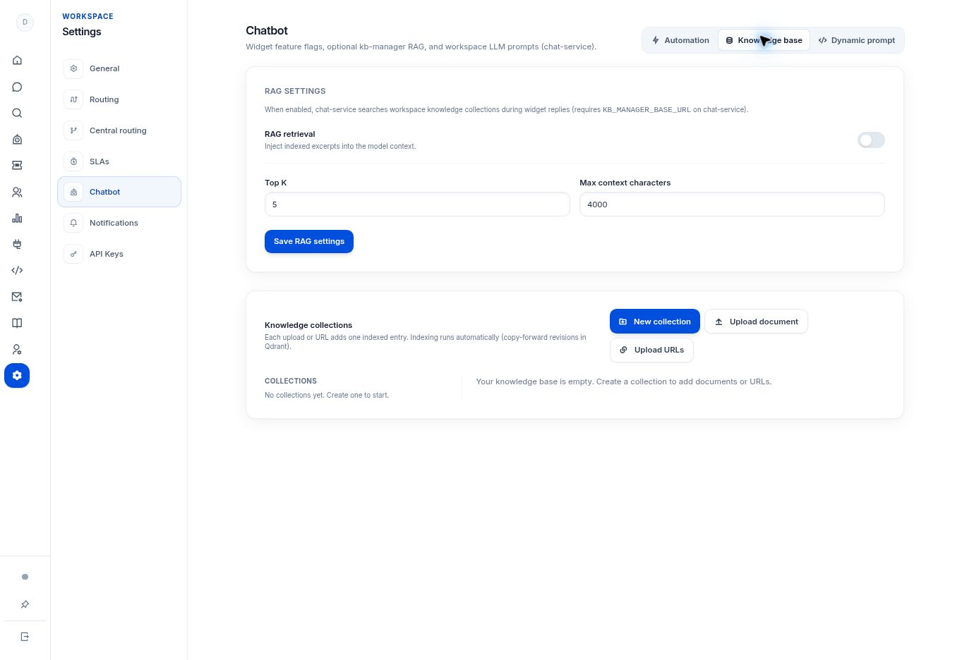 Create a knowledge collection — controls in the SentroDesk platform