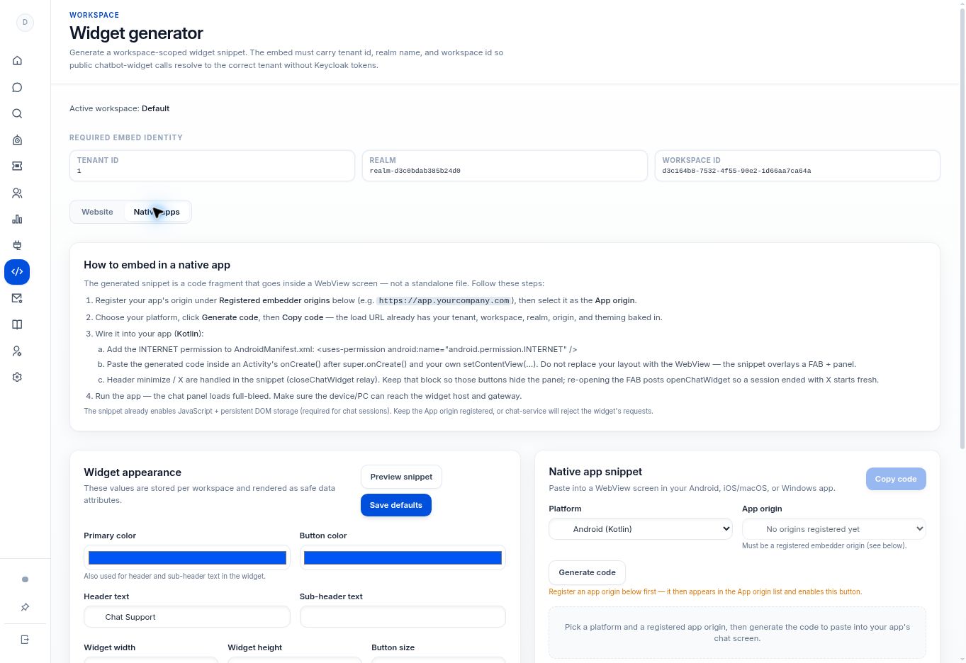 Add SentroDesk to a native app — controls in the SentroDesk platform