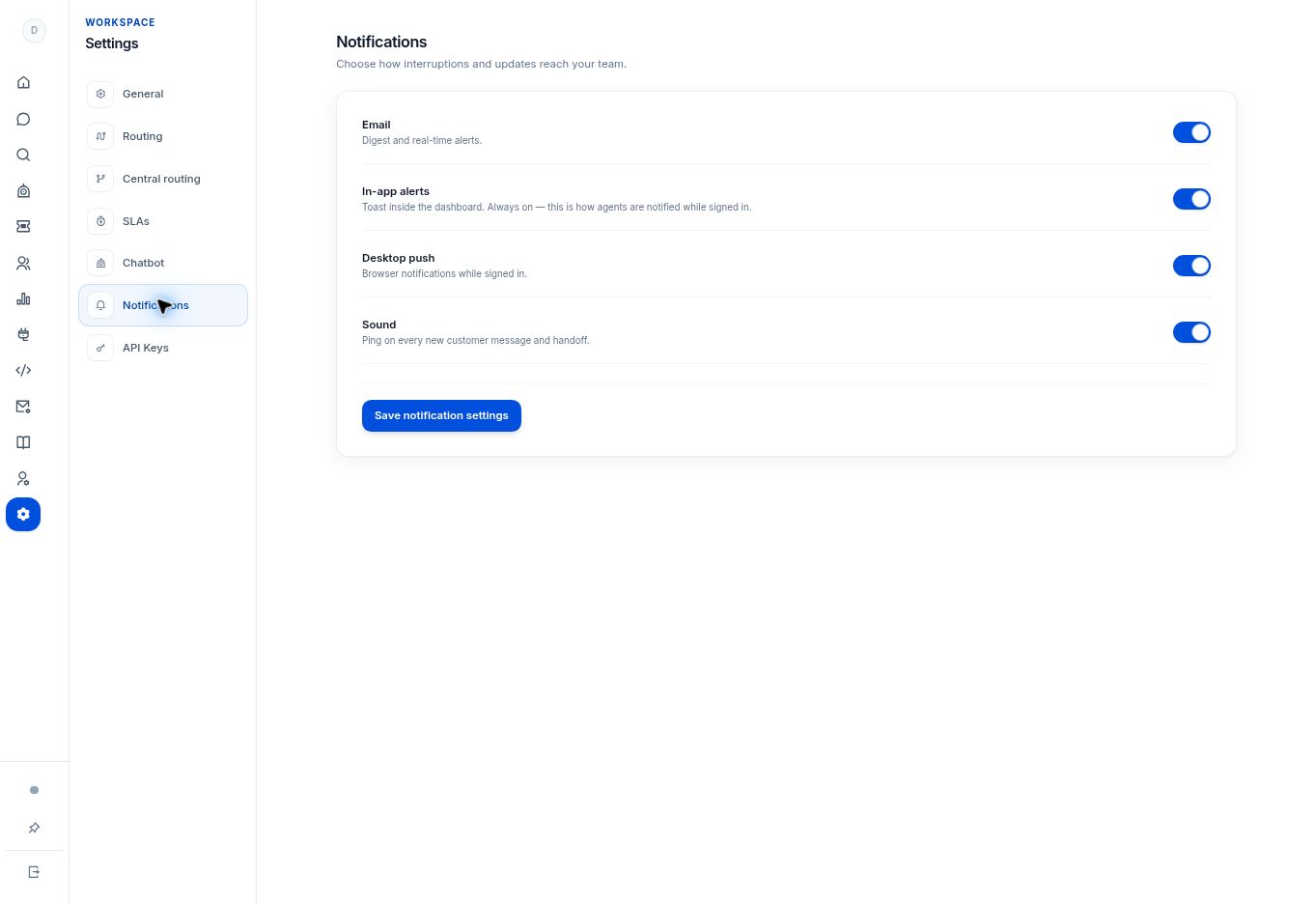 Choose workspace notification channels — controls in the SentroDesk platform