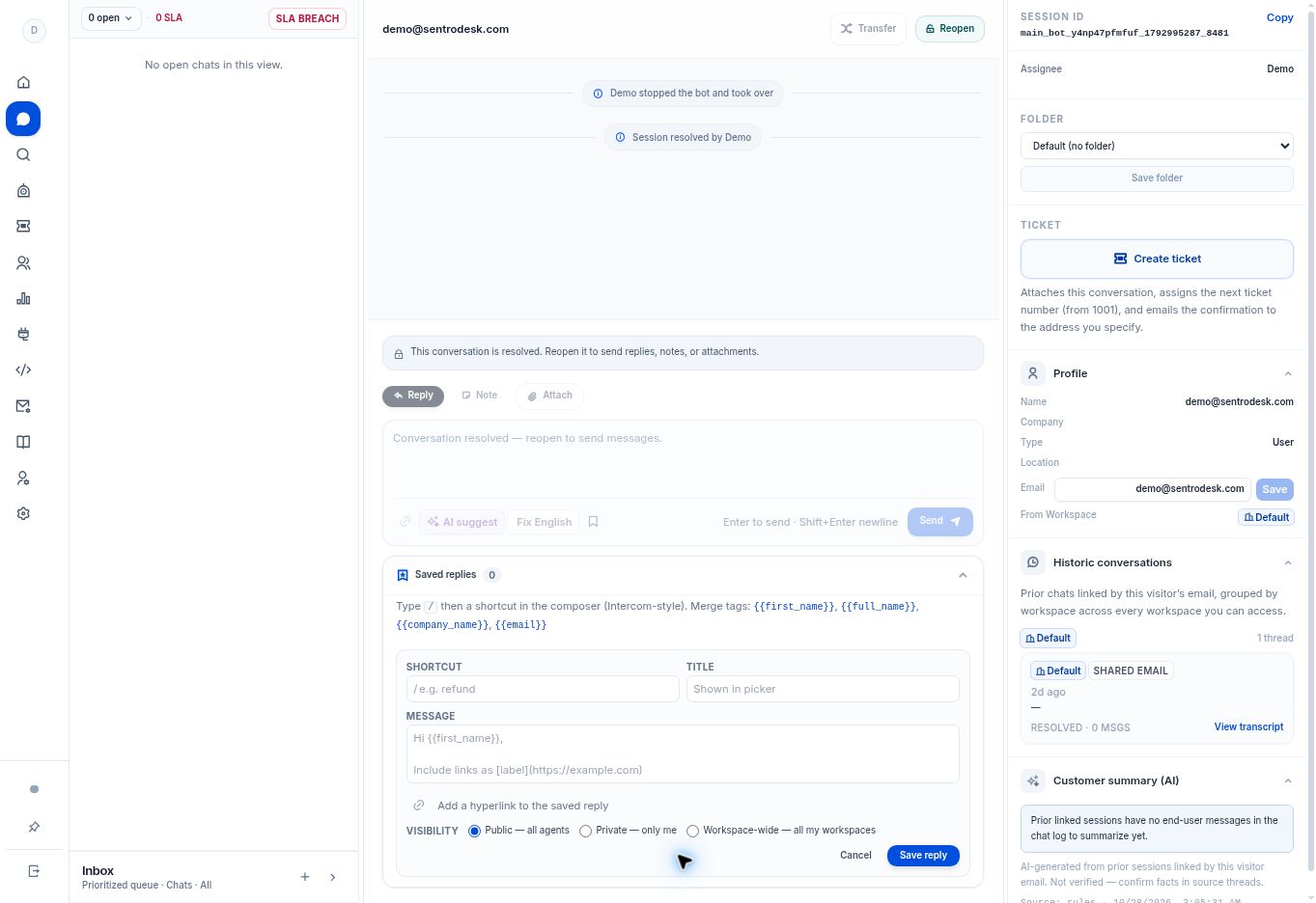 Create and use saved replies — controls in the SentroDesk platform