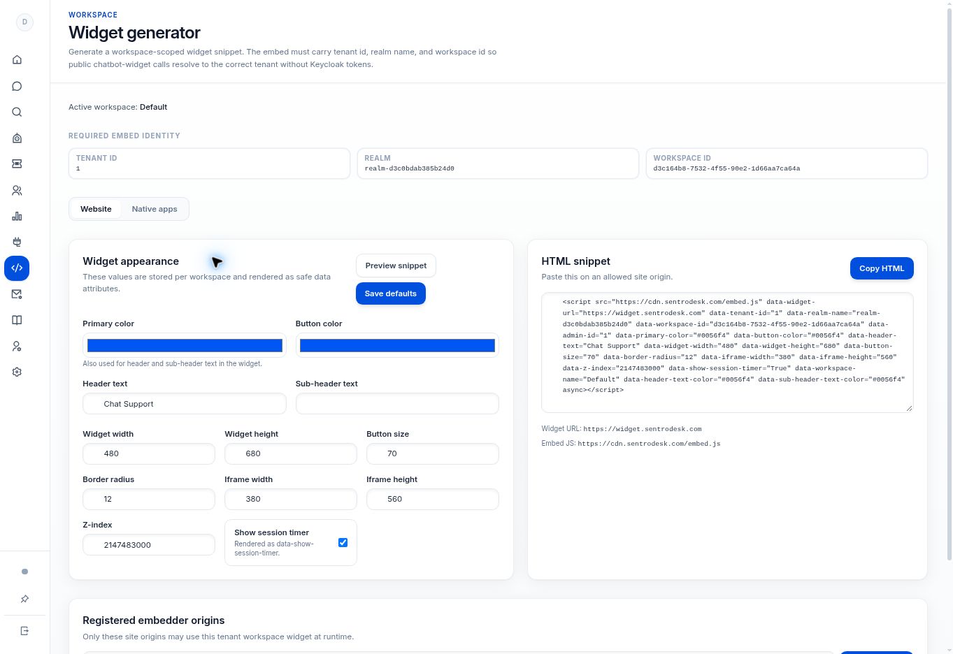 Install the widget on your website — controls in the SentroDesk platform