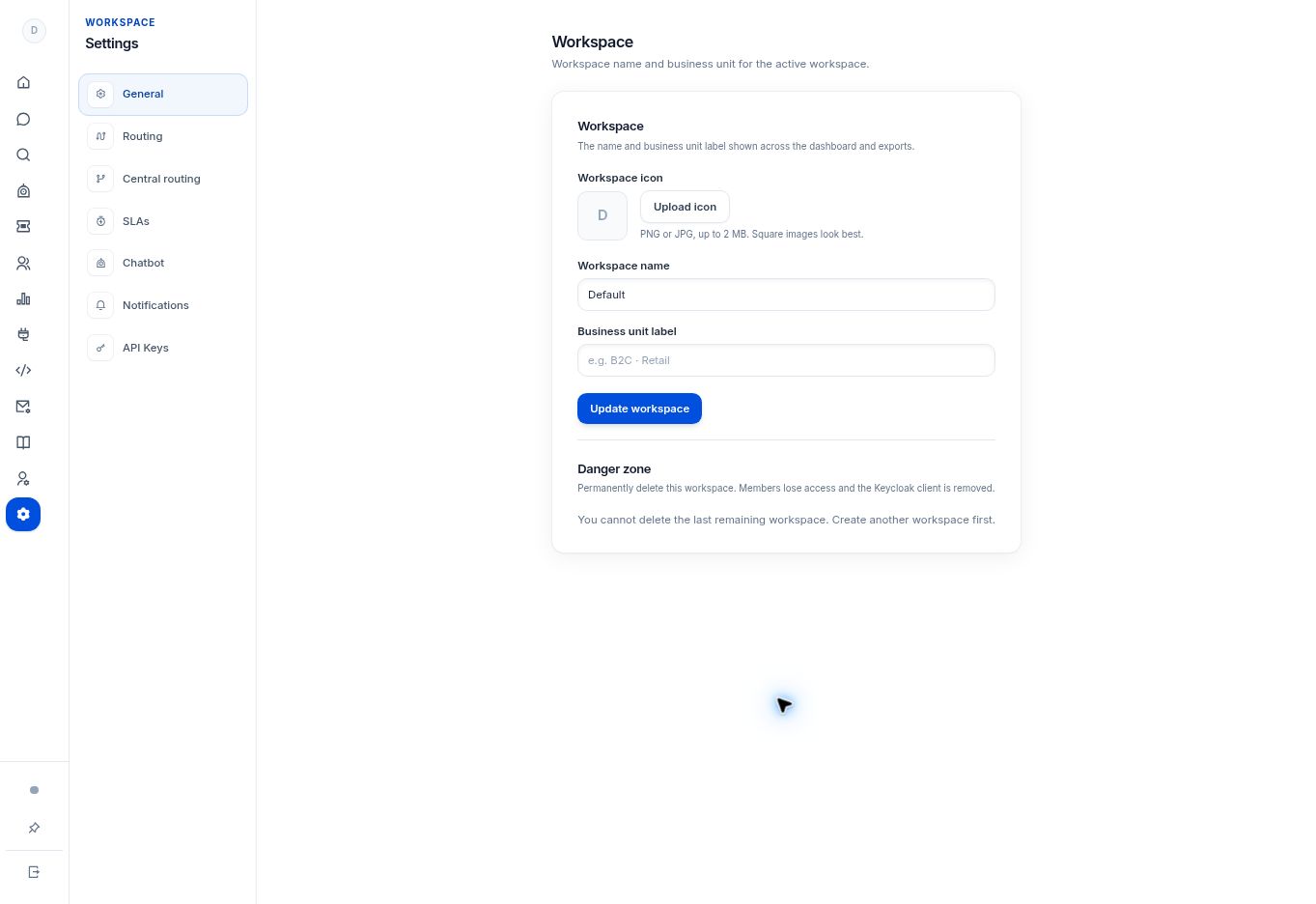 Set up your first support workspace — controls in the SentroDesk platform